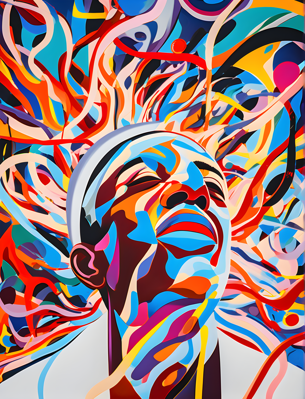 a colorful painting of a person with their head in the air